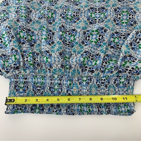 Max Studio Blue Green Geometric Print Slit Side Draped Sleeveless Stretch Blouse - Picture 15 of 16